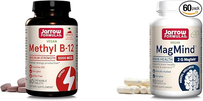 Jarrow Formulas Maximum Strength Methyl B-12 5000 mcg Dietary Supplement &amp MagMind Brain Health with Magtein (Magnesium L-Threonate) Dietary Supplement
