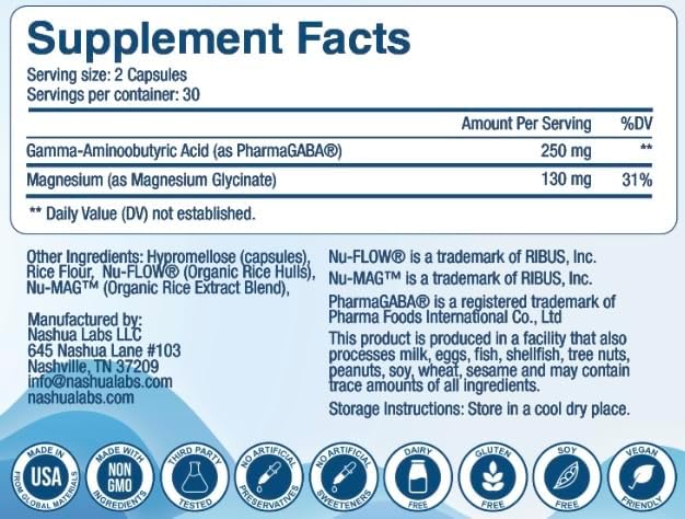 GABA-Mag - GABA Supplement - 250 mg Natural Source Gamma-Aminobutyric Acid with Magnesium Glycinate - Promotes a Calm Relaxed Focused State of Mind - 60 Capsules