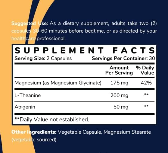 Magnesium Glycinate Sleep Stack with 200 mg L-Theanine 50 mg Apigenin 175 mg of Elemental Magnesium Glycinate | Sleep Support Magnesium Supplement | Made in USA