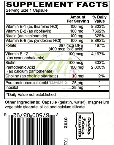 Complete B-Complex Vitamin Supplement - Full-Spectrum B Vitamin Supplement with Folic Acid Biotin Inositol - for Immune &amp Cardio Health Energy Metabolism - 100 Capsules