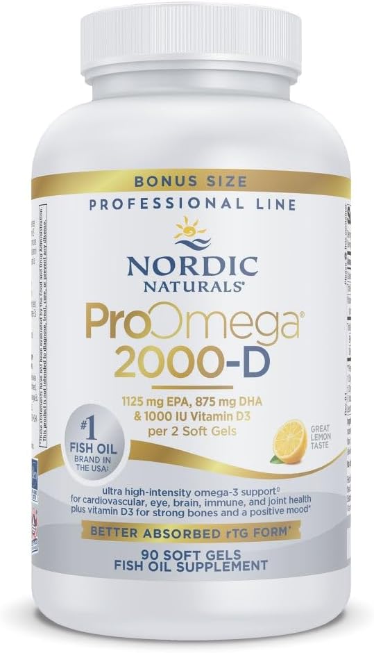 Nordic Naturals ProOmega 2000-D Lemon Flavor - 90 Soft Gels - 2150 mg Omega-3 + 1000 IU D3 - Ultra High-Potency Fish Oil - EPA &amp DHA - Brain Heart &amp Immune Health - Non-GMO - 45 Servings