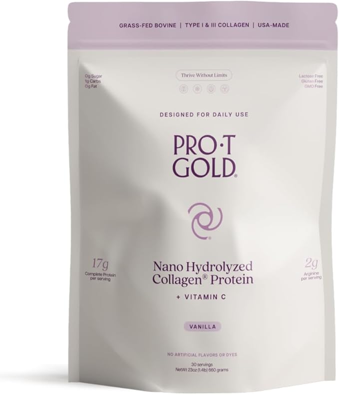 ProT Gold Collagen Protein Powder 17g Protein Nano-Hydrolyzed Grass Fed Collagen Vitamin C 2g Arginine for Wound Support Gluten Free All Natural Fat and Sugar Free 0g Carbs Vanilla 23 oz 30