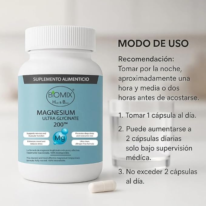 Biomix Magnesium Ultra Glycinate 200 – 200 mg Elemental Magnesium per Capsule – 90 Vegan DRcaps 45–90 Day Supply – Highly Bioavailable Gentle on Stomach No Oxide Gluten Free Non-GMO