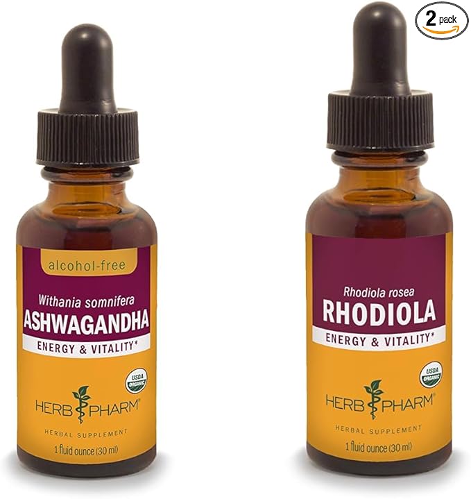 Herb Pharm Ashwagandha &amp Rhodiola Root Extracts for Energy Vitality Endurance &amp Stamina Alcohol-Free Glycerite &amp Organic Cane Alcohol 1 Oz Each