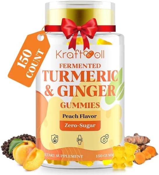 5 Month Supply Turmeric and Ginger Gummies with Black Pepper Fermented Turmeric for Joint Comfort &amp Mobility Sugar-Free with Vitamin D3 + K2 Natural Peach Flavor – 150 Gummies