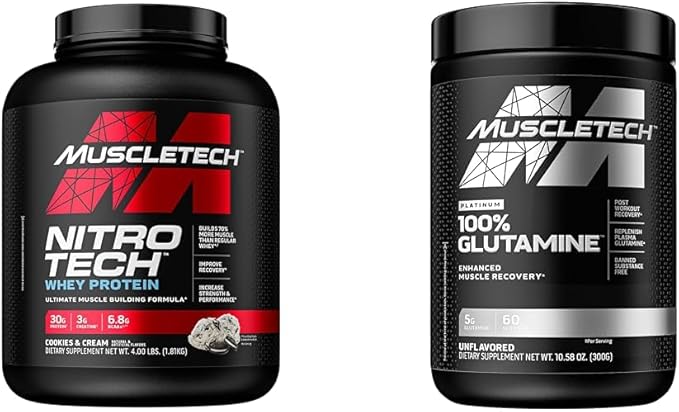Muscletech Whey Protein Powder Nitro-Tech Whey Protein Isolate &amp Glutamine Powder 100% Pure L Glutamine Powder | Post Workout Recovery Drink | L-Glutamine Powder