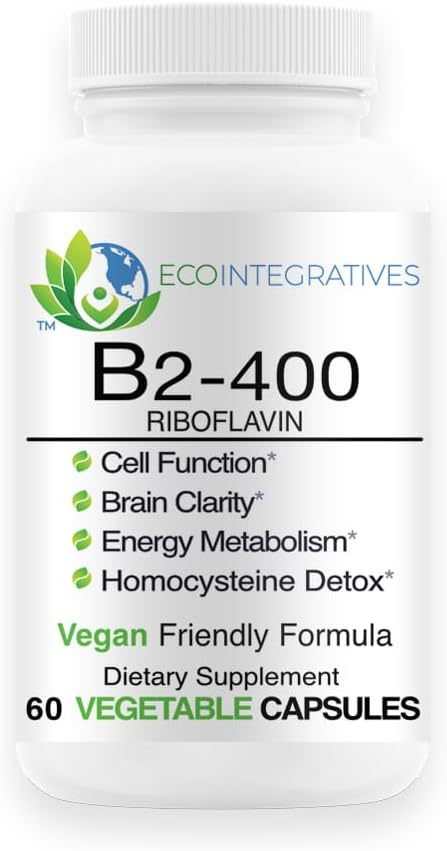 EcoIntegratives B2-400 Pure Riboflavin - Nervous System Health Homocysteine Detox Cardiovascular Helps Boost Energy Mental Clarity Metabolism and Cell Function - 60 Vegan Capsules