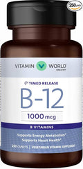 Vitamin World Vitamin B-12 1000 mcg. 250 caplets Supports Energy Metabolism Vegetarian Gluten Free