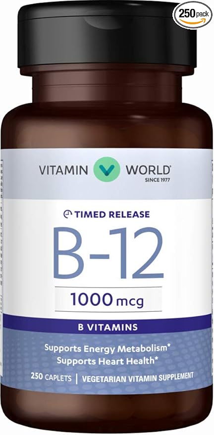 Vitamin World Vitamin B-12 1000 mcg. 250 caplets Supports Energy Metabolism Vegetarian Gluten Free
