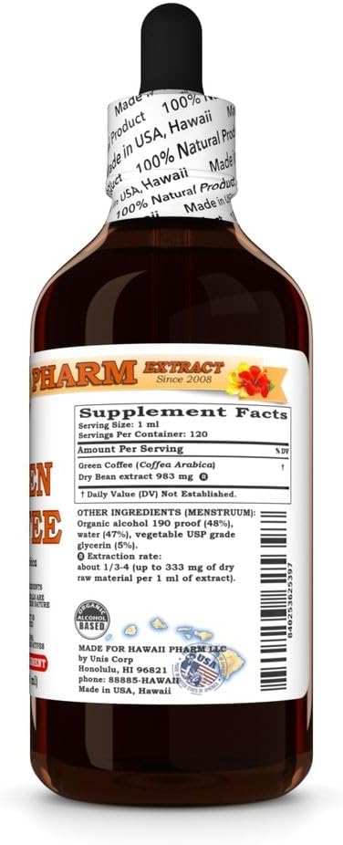 Green Coffee (Coffea Arabica) Dry Bean Tincture Made in Hawaii All Natural Vegan Pure Liquid Extract - 4 fl.oz