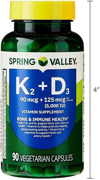 Vitamin K2 + D3 • 5000 IU D3 + Vitamin K2 • Bone Heart &amp Immune Support • 90 Vegetarian Capsules • Non-GMO by Spring Valley + Daily Supplement Tracker Sticker