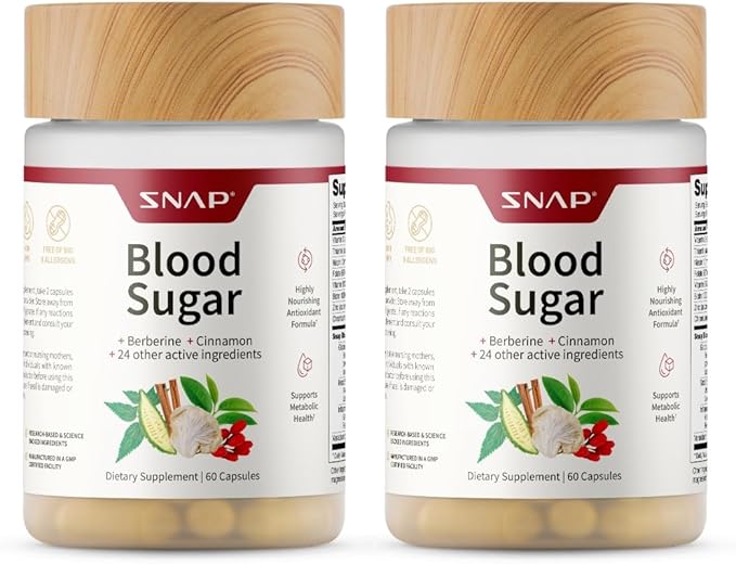 Snap Supplements Blood Sugar Blend with Berberine CoQ10 Cinnamon and Gymnema to Support Already Healthy Blood Sugar Metabolic Health and Energy Sugar Free 60 Capsules 2-Pack (Packaging May Vary)