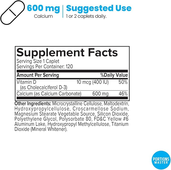 Portions Master Calcium Mineral Bone Support High Absorption Calcium with Vitamin D3 &amp MagnesiumSupports Strong Bones Teeth &amp Joint Health Non-GMO Gluten-Free (120 Vegetarian Capsules)