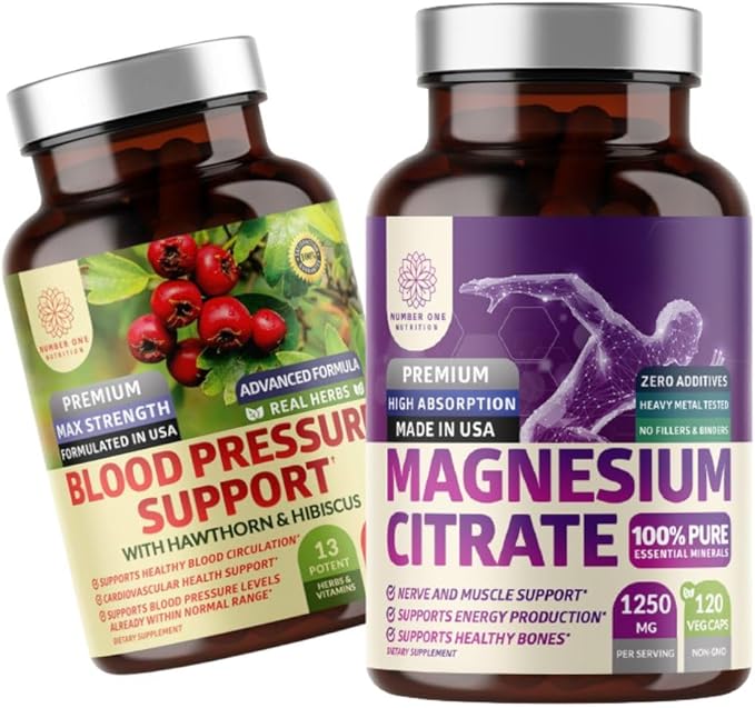 Number One Nutrition N1N Premium Magnesium Citrate [1250mg] and Blood Pressure Support [13 Potent Ingredients with Hawthorn &amp Hibiscus] 2 Pack Bundle