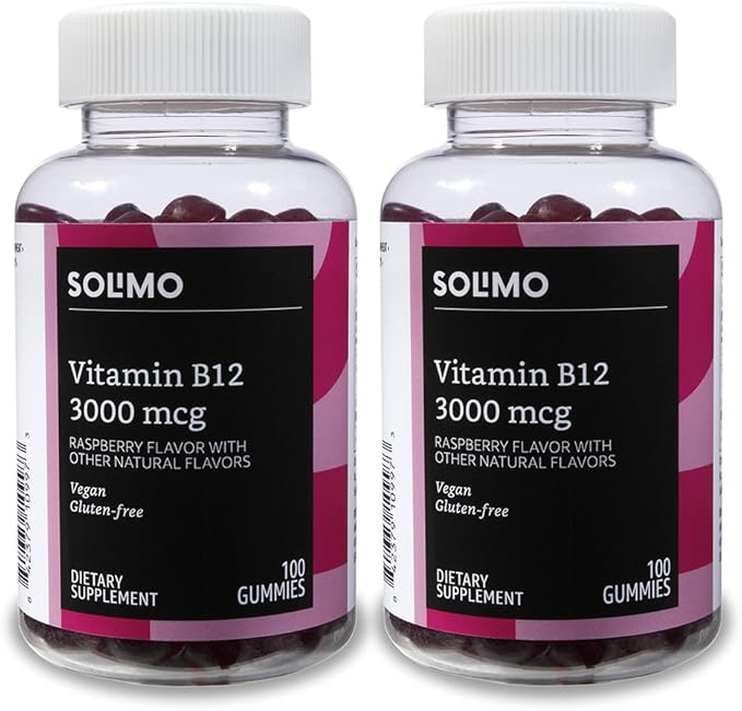 Amazon Basics Vitamin B12 3000 mcg Gummies (2 Packs of 100) 2 per Serving and Amazon Basics Vitamin D3 2000 IU Gummies Orange Lemon &amp Strawberry 160 Count (2 per Serving) (Previously Solimo)