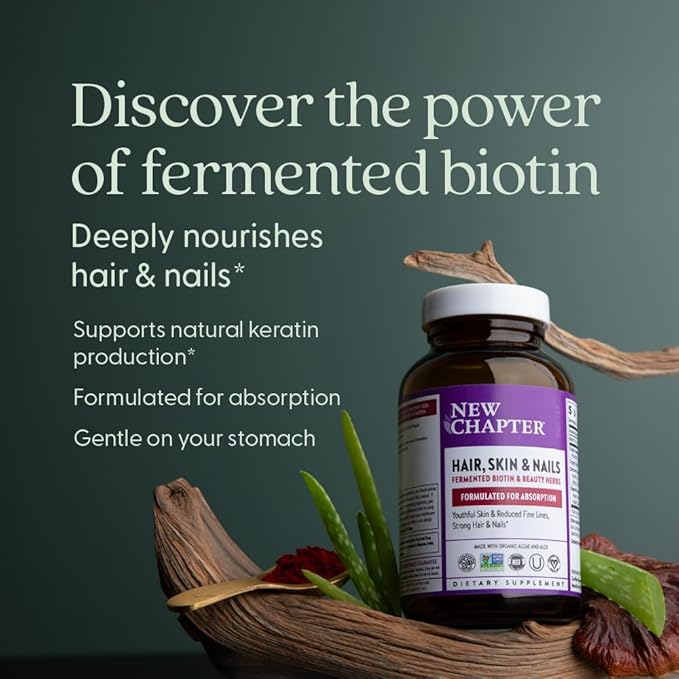 New Chapter Biotin Supplement Vegan Hair Skin and Nails Vitamins with Fermented Biotin + Astaxanthin - 60 Count