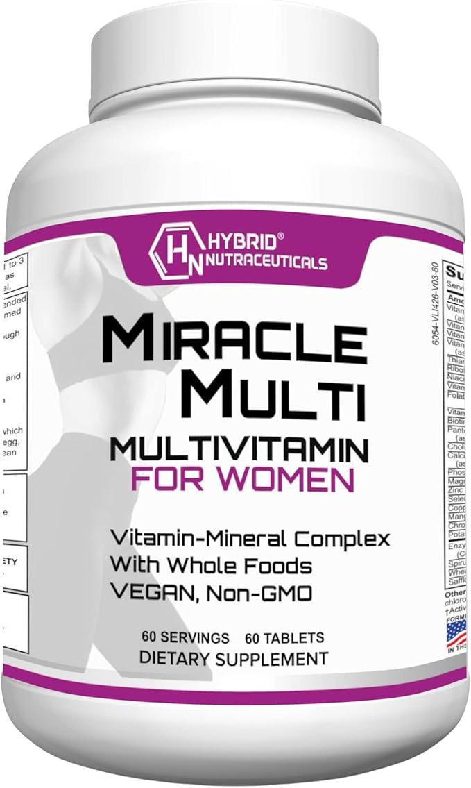 Hybrid Nutraceuticals MiracleMulti Women Multivitamin with Probiotics Biotin Folic Acid Enzymes + Fruit &amp Vegetable Blend - Immune Support Heart Health Energy: 60 Servings (Non-GMO)