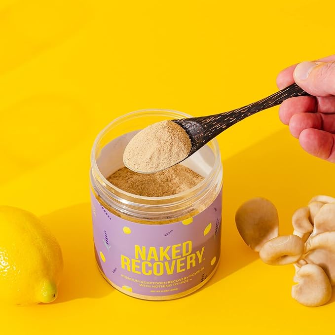 NAKED Recovery - Mushroom Supplement Powder - Lions Mane Cordyceps Reishi Tart Cherries Lemon Balm - Adaptogen Wellness Formula Stress Relief Muscle Recovery - 30 Servings
