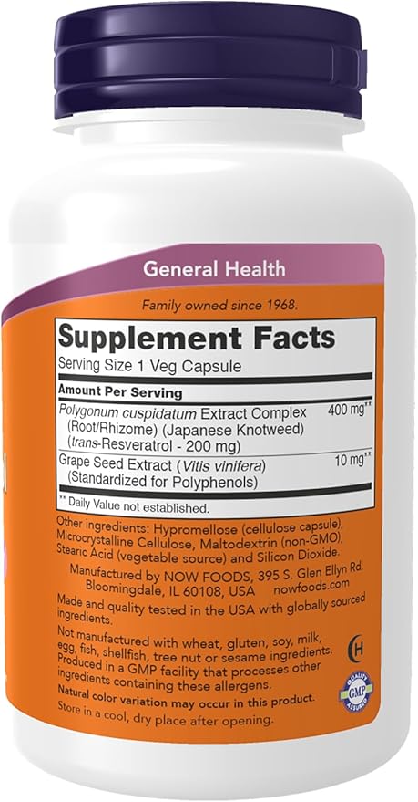 NOW Supplements Natural Resveratrol 200 mg with Red Wine Extract 120 Veg Capsules