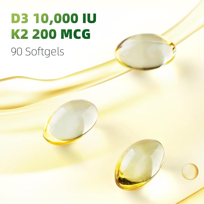 Vitamin D3 K2 Softgels Vitamin D3 10000 IU with K2 (MK-7) 200 mcg with Coconut Oil Softgels Supports Calcium Absorption Bone Immune and Heart Health - 90 Counts * 2 Packs