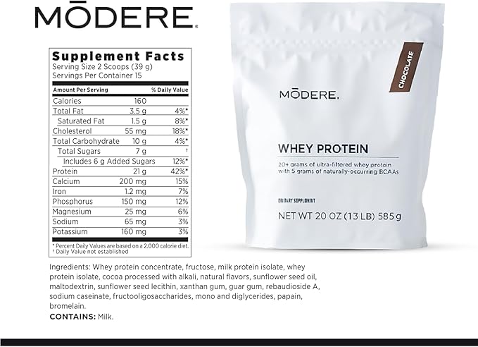 Modere Pure Chocolate Whey Protein Powder: Rich Chocolate Flavor Easy to Mix Daily Protein Formula for Shakes and Smoothies Container - 585 g