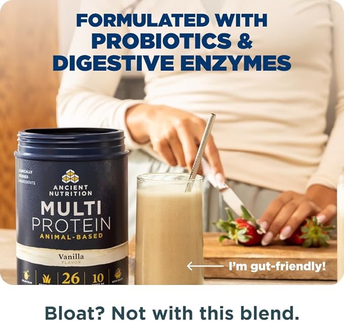 Ancient Nutrition Multi Protein Animal Based Powder 26g Protein Grass Fed Whey Bone Broth Collagen Peptides Colostrum &amp Probiotics Supports Joint &amp Gut Health Vanilla 15 Servings