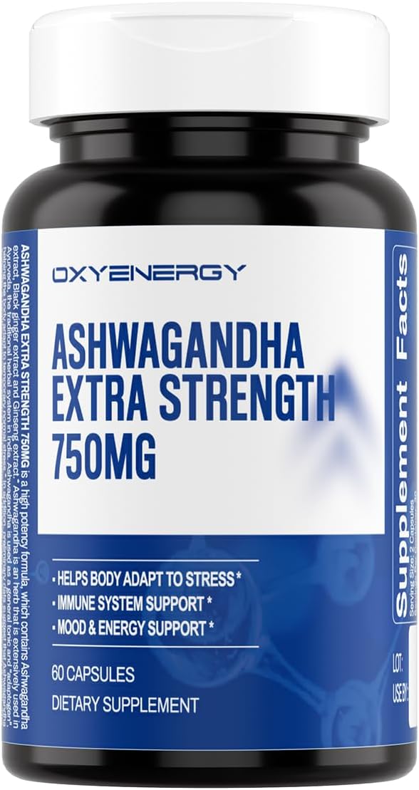 OxyEnergy Ashwagandha Capsules-750 mg Ashwagandha Extract-Stress ReliefNatural CalmMood Support &amp Energy Support-VeganNon-GMOGluten-Free-60 Counts