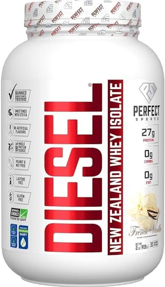PERFECT SPORTS Diesel 100% New Zealand Whey Protein Isolate | Stevia Sweetened No Artificial Ingredients Keto | 0g Carb 0g Fat 26g Protein | 2 Pounds (French Vanilla)