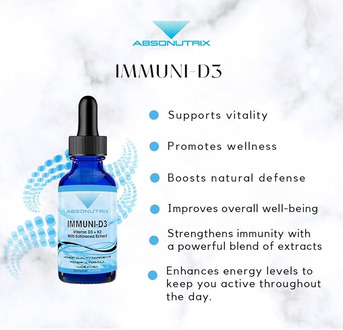Absonutrix Vitamin D3 K2 Drops 390mg 4 Oz Liquid 302 Servings Made in USA Quick Absorption Quality Potent Ingredients Non-GMO GMP Certified Cruelty-Free Products (Immuni-D3)