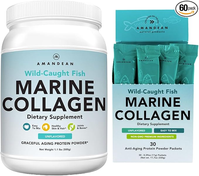 AMANDEAN Marine Collagen Duo. 500g Container + 30 Travel Packs. Hydrolyzed Fish Collagen Peptides for Skin Hair &amp Nails. Pescatarian Keto &amp Paleo-Friendly Unflavored