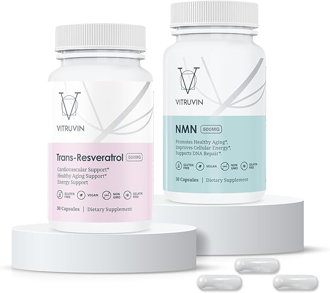 VITRUVIN Longevity Supplement - NMN 500MG + Trans-Resveratrol 500MG with Piperine - Vegan Non-GMO Gluten-Free Gelatin-Free