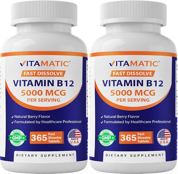 Vitamatic Vitamin B12 5000 mcg – 365 Fast Dissolve Tablets Berry Flavor – Supports Energy Production &amp Nervous System Health – Non-GMO Gluten-Free- 2 Pack