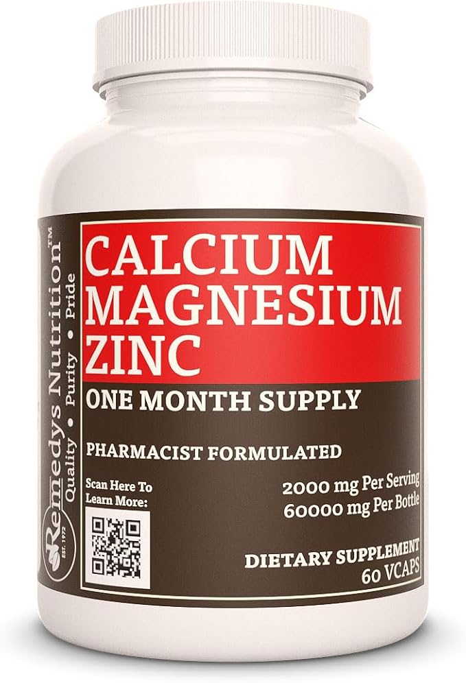 Remedy's Nutrition Calcium Magnesium Zinc | 1000 mg 60 Vegan Capsules Dietary Supplement | Two Month Supply