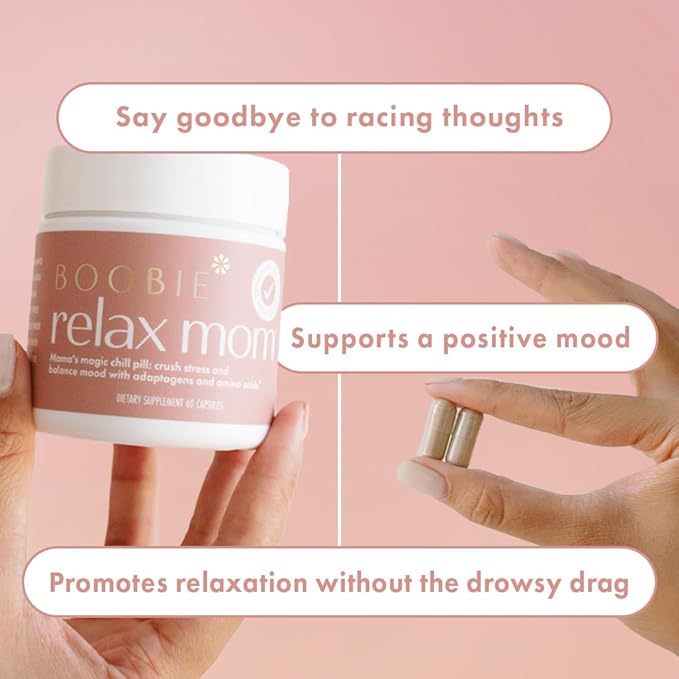 Boobie Relax Mom Postpartum Stress Support Supplement | Breastfeeding Friendly Approved | Postnatal Mood and Energy Support for Women with Ashwagandha &amp L-Theanine 60 Capsules