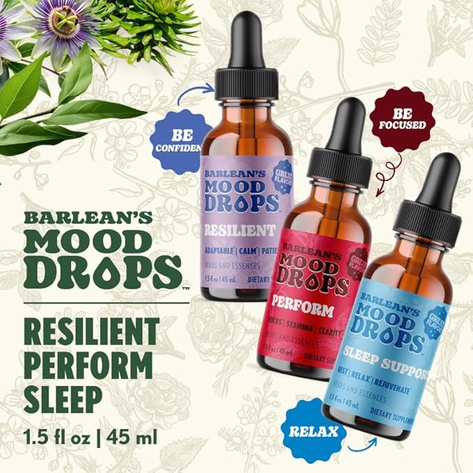 Barlean's Mood Booster Supplement Bundle Perform Resilient and Sleep Liquid Drop Supplements for Men and Women Adaptogen Herbs Drops 1.5 oz