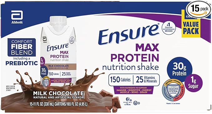 Ensure Max Protein Milk Chocolate Nutrition Shake 30g Protein 1g Sugar 4g Fiber Blend 15 Pack