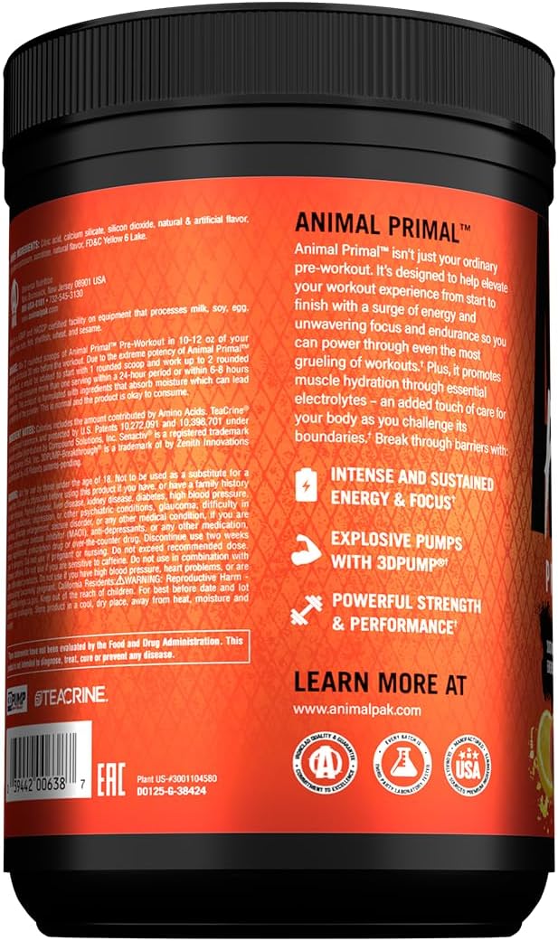 Animal Primal Muscle Hydration + Preworkout Powder – Contains Beta Alanine 3DPump Caffeine &amp Electrolytes – Improves Energy Focus Endurance &amp Absorption – New Wick’d Peach Flavor 16.75 oz