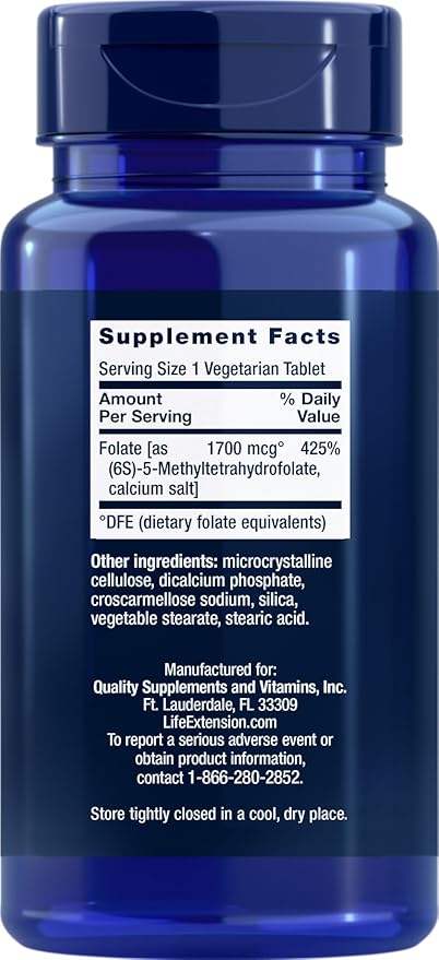 Life Extension Optimized Folate (L-Methylfolate) 1700 mcg DFE 180 Veg Tablets (Pack of 2)