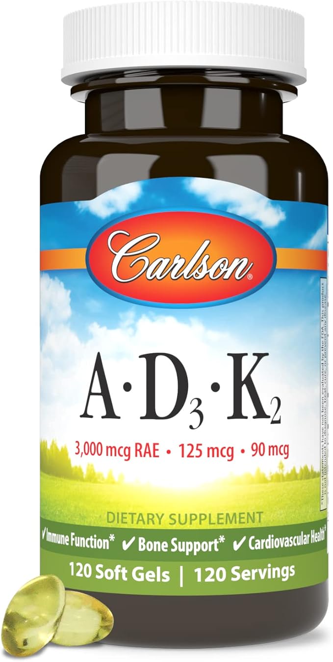 Carlson - Vitamins A D3 K2 3000 mcg RAE Vitamin A 125 mcg Vitamin D3 90 mcg Vitamin K2 as MK-7 Bone Building Calcium Utilization 120 Soft Gels