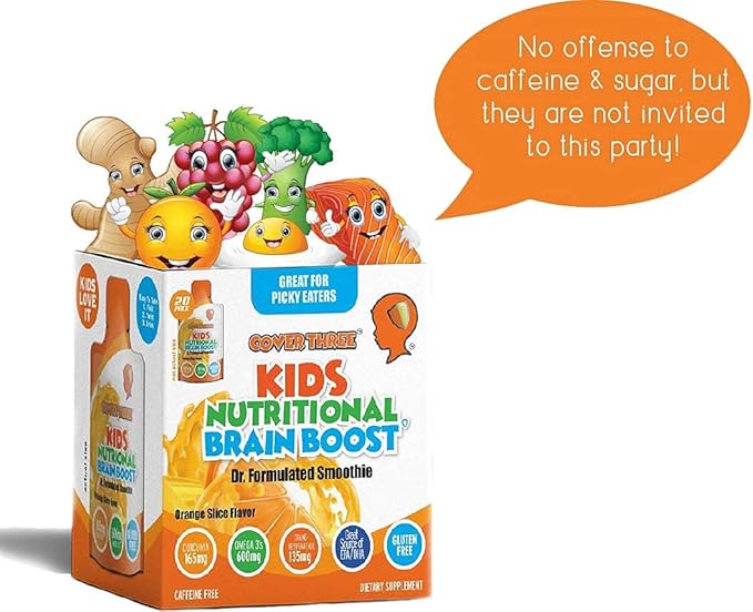 Cover Three Supplements for Kids Brain Supplement Smoothie Omega 3 Liquid Childrens DHA Fish Oil Kids Focus and Attention Emotional Support 20 Pouches Pack 1
