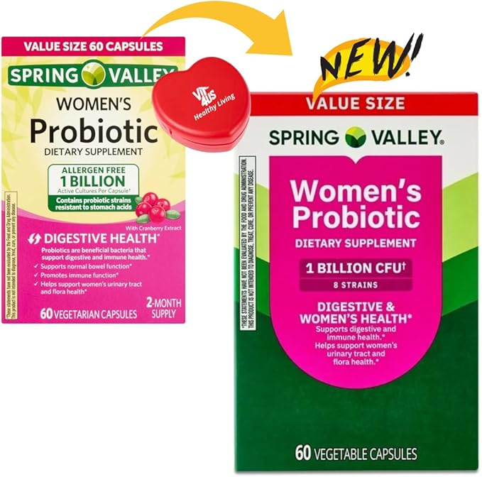 Spring Valley Women's Probiotic Dietary Supplement Vegetarian Capsules for Digestive Health Cranberry 60 Count Value Size + ViT4 Pill Box.