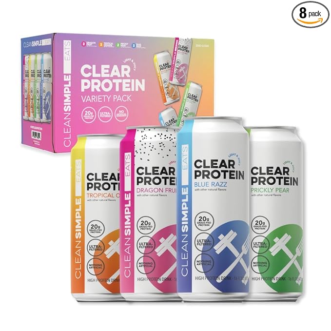 Clean Simple Eats Clear Protein Water 20G Grass Fed Whey Protein Isolate Ultra Filtered Light &amp Refreshing Beverage Low Lactose No Artificial Ingredients Variety Pack 16 Oz Cans 8 Pack