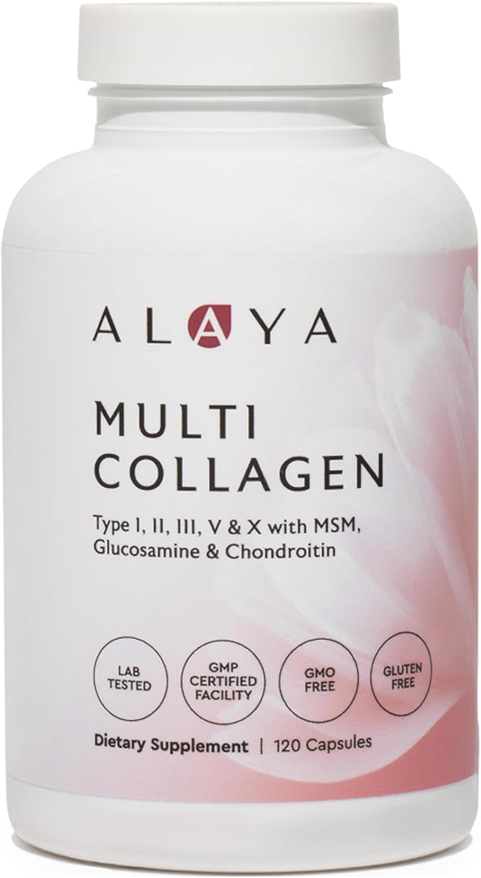 Alaya Naturals Hydrolyzed Multi Collagen Peptides Protein Capsules - Type I II III V X Grass-Fed Bovine Chicken Marine Collagen Supplement with MSM + GC (Capsules - 120 Count)
