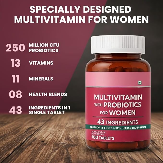 Multivitamin with Probiotics for Women with 43 Ingredients Support Energy Skin Hair &amp Digestion-100 Veg Tablets