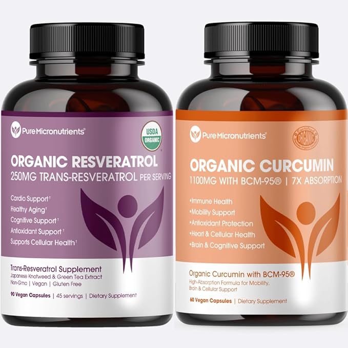 Pure Micronutrients Immunity and Heart Bundle – Organic Resveratrol + Organic Turmeric Curcumin with BCM-95 - Advanced Antioxidant Longevity Support Supplements