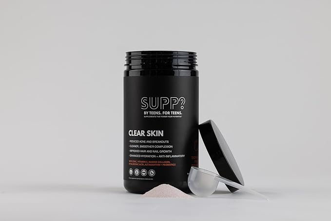 SUPP? Clear Skin Powder for Teens — Supports Complexion Hair &amp Nail Health — Collagen Zinc Vitamin C Probiotics — Tropical Peach Paradise — 30 Servings