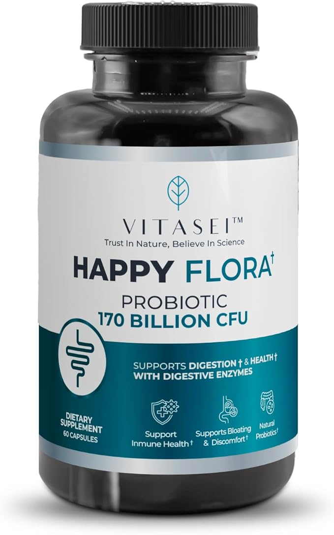 VITASEI Happy Flora Probiotic Supplement 170 Billion CFU for a Healthy Gut Health with enzymes for Digestion probiotics for Women and Men 1 Bottle - 60 Capsules