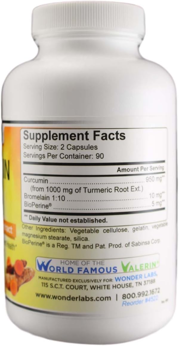 Wonder Labs Curcumin 950 mg with BioPerine Supprts Heart and Joint Health - 180 Capsules