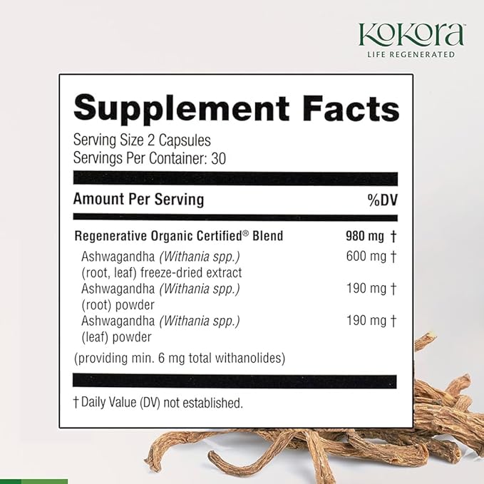 Regenerative Ashwagandha -Regenerative Organic Certified - Stress Relief &amp Sleep Supplement* - Containing Withanolides - Vegan Non-GMO - 60 Capsules - 30 Servings