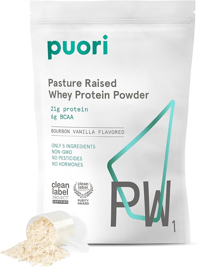 Puori Whey Protein Powder Bourbon Vanilla - PW1 Pasture-Raised Grass-Fed Whey Protein Powder Drink Mix containing BCAA Amino Acids - Post-Workout Supplement for Muscle Gain &amp Recovery - 30 Servi